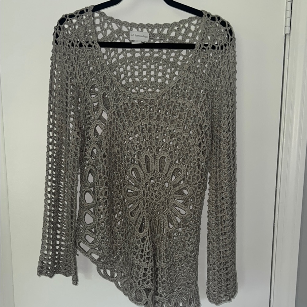 Soft Surroundings Grey Crochet Crew Neck Sweater
